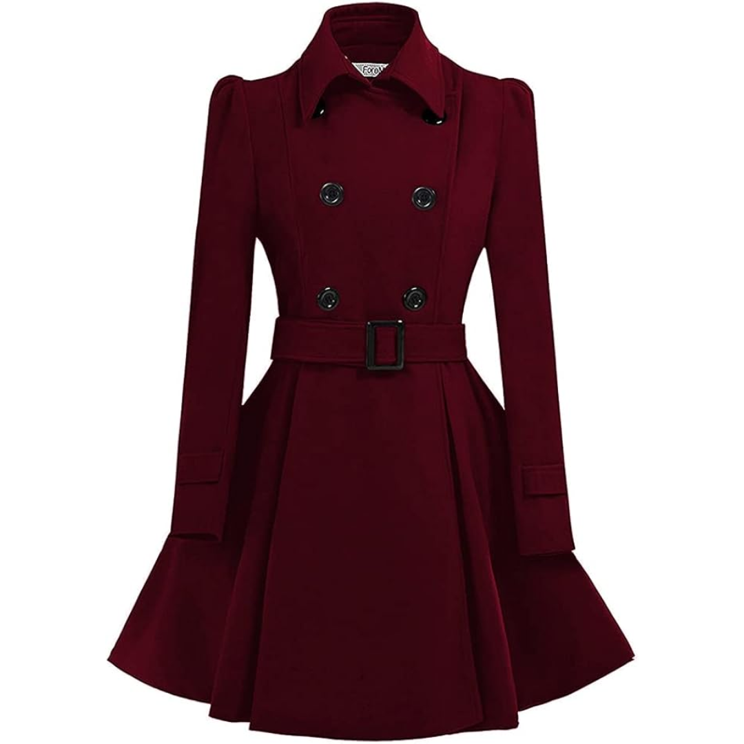 Women's Double-Breasted Belted Coat with Flared Skirt
