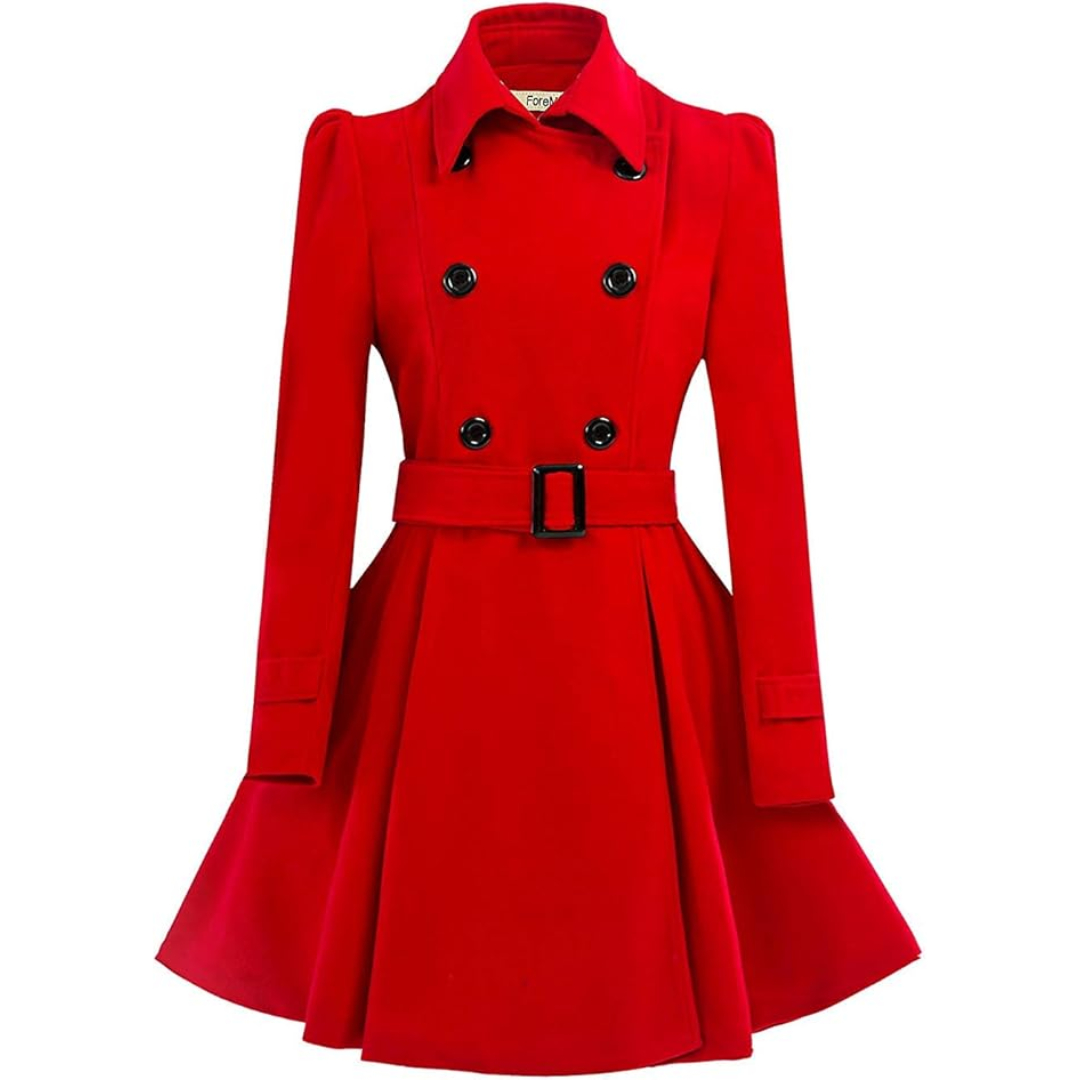 Women's Double-Breasted Belted Coat with Flared Skirt
