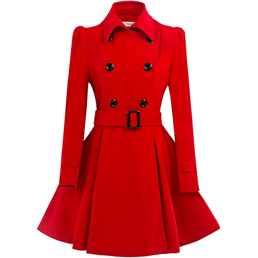 Women's Double-Breasted Belted Coat with Flared Skirt