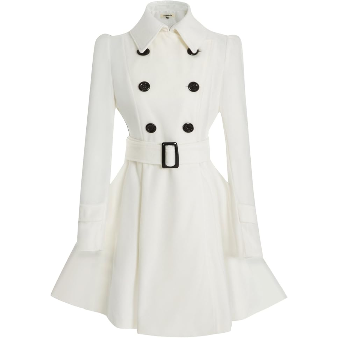 Women's Double-Breasted Belted Coat with Flared Skirt