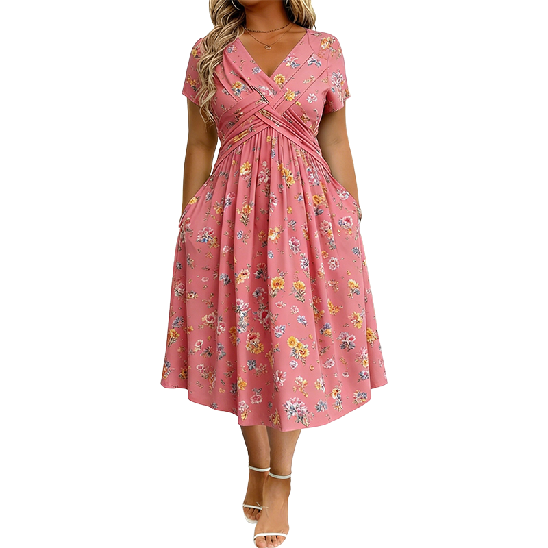 Rose | Floral V-Neck Dress with Twist Waist Detail