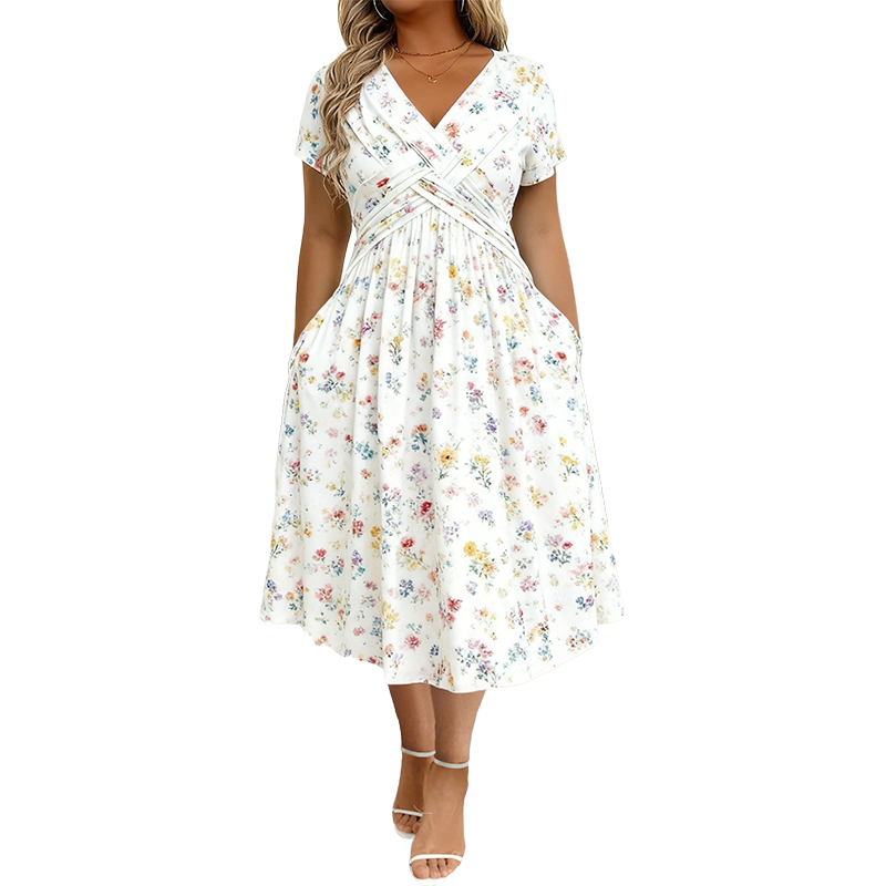 Rose | Floral V-Neck Dress with Twist Waist Detail