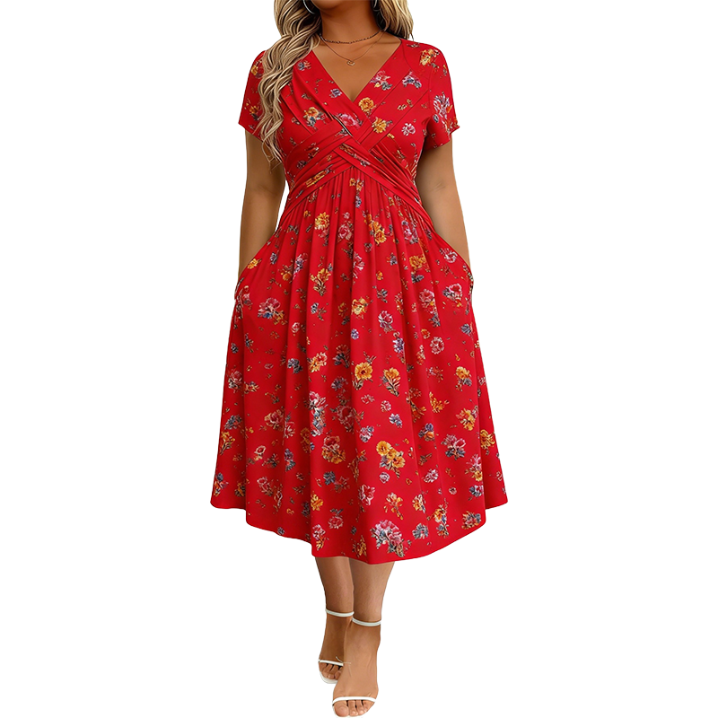 Rose | Floral V-Neck Dress with Twist Waist Detail