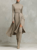 WOMEN’S ELEGANT FIGURE-FLATTERING LONG SLEEVES KNIT BLEND MIDI DRESS MDA2446G6I