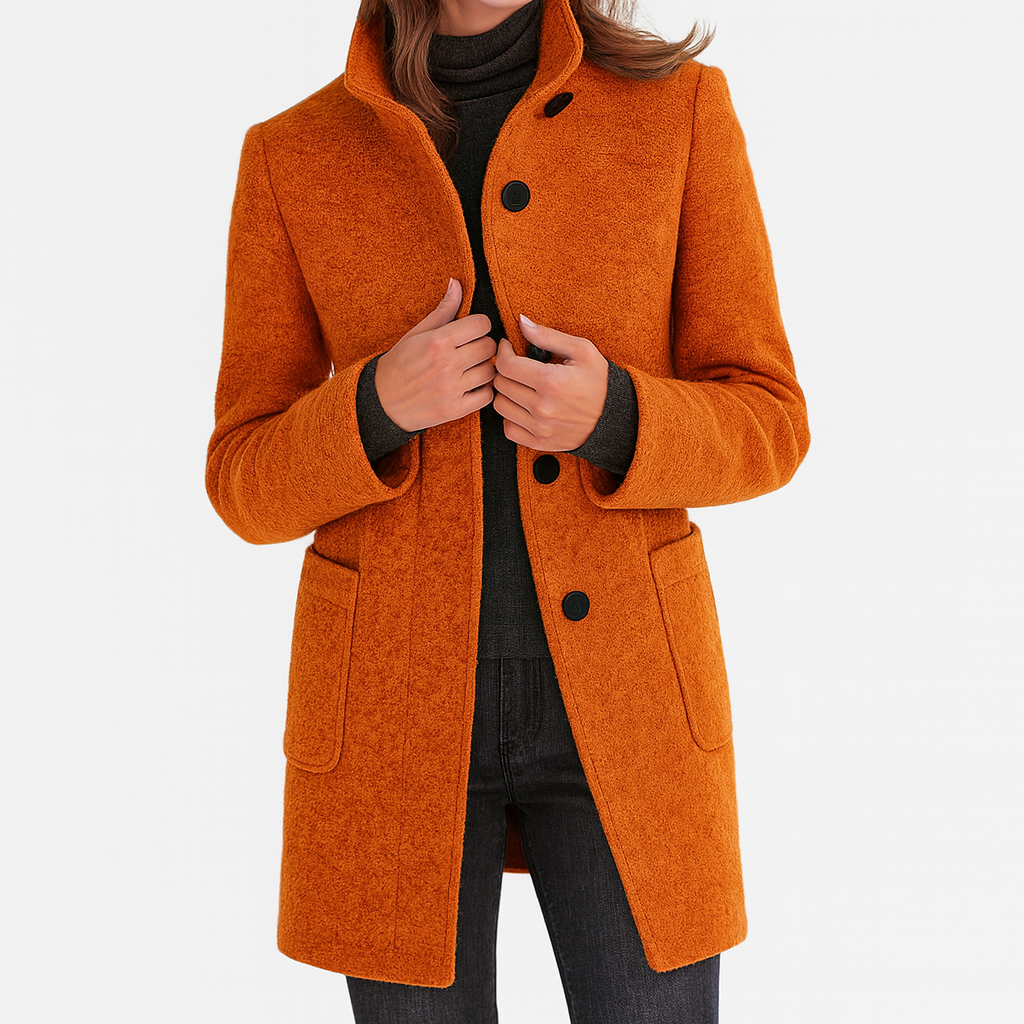 Women's Stand Collar Coat with Button Front and Patch Pockets